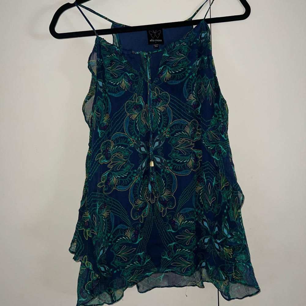 Ella Moss Navy Blue Green Silk Ruffle Kaleidoscope Tank Top Blouse Large L